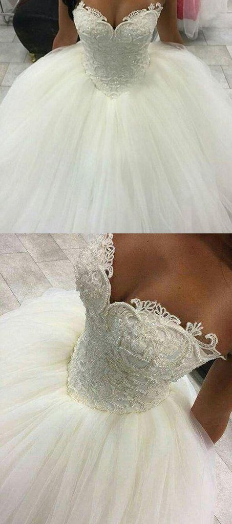 Hochzeit - Gorgeous Pearls Ball Gown Wedding Dresses 2017 Sexy Sweetheart Sleeveless Lace Applique Beads Tulle Bridal Gowns Princess
