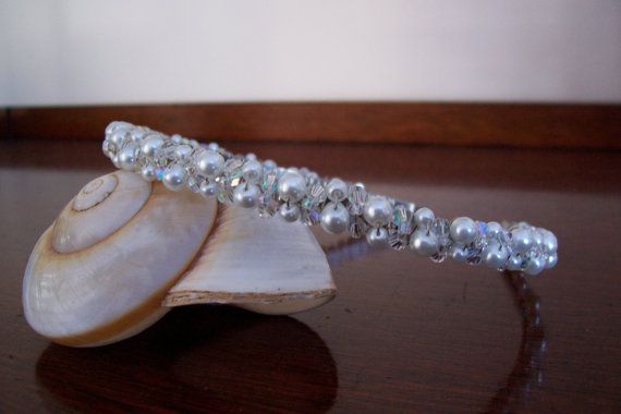 زفاف - Bridal, Wedding, Headpiece, Headband, Tiara, Handmade White Glass Pearls & Crystals