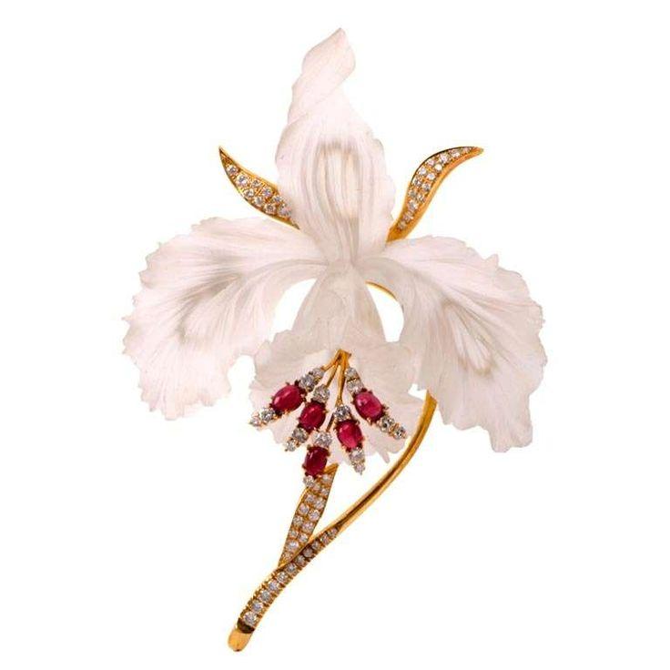 زفاف - Diamond Ruby Gold Floral Rock Crystal Orchid Lapel Brooch