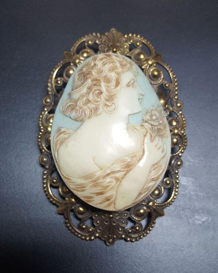 Hochzeit - Details About Antique Large Celluloid Victorian Lady Cameo Pendant/Brooch Filigree Blue