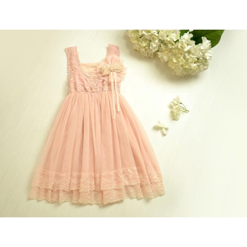 زفاف - Vintage Pink Lace Girls Dress Flower Girl Bridesmaid Dress Rustic Country Wedding Party Dress - Hand-made Beautiful Dresses