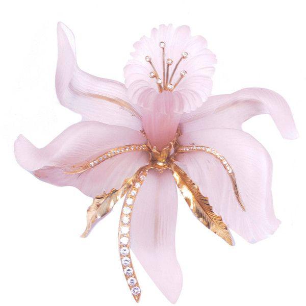 زفاف - Pre-owned Large Rose Quartz Diamond Orchid Brooch