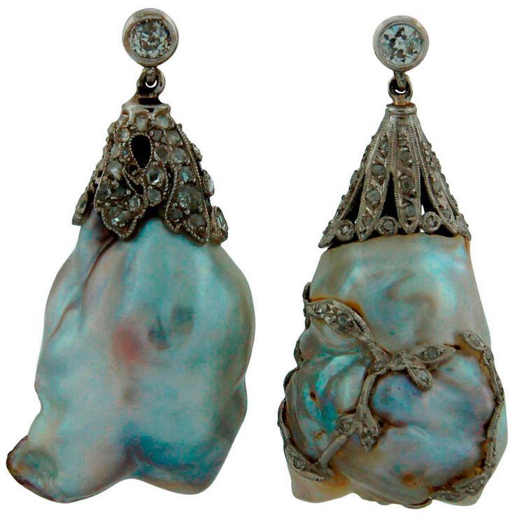 Свадьба - Art Deco Natural Saltwater Baroque Pearl Diamond Platinum Earrings
