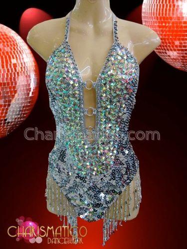Hochzeit - Details About Silver Sequin Fringed O-ring Dancer Leotard With Iridescent Crystal Details