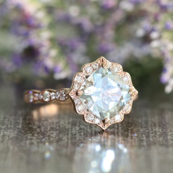 Свадьба - Vintage Floral Aquamarine Engagement Ring In 14k Rose Gold Scalloped Diamond Wedding Band 8x8mm Cushion Cut Gemstone Ring March Birthstone