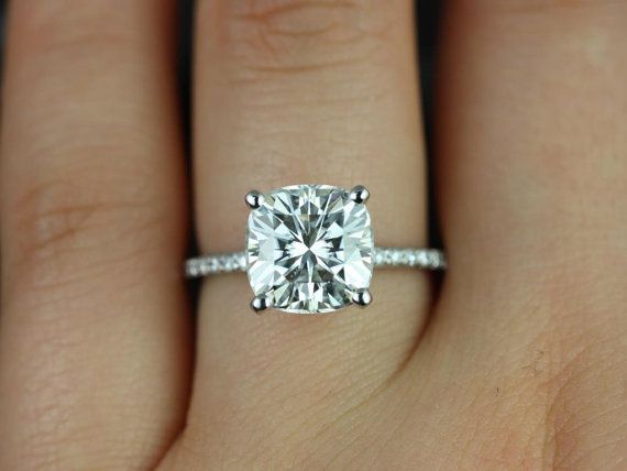 Свадьба - Heidi 9mm 14kt White Gold Cushion F1- Moissanite And Diamond Basket Engagement Ring (Other Metals And Stone Options Available)
