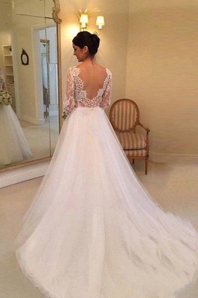 Hochzeit - A-line Long Sleeves Beading Lace Court Train Wedding Dress TN0048