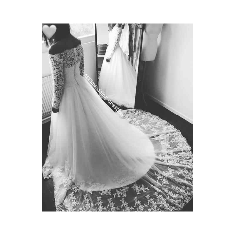 زفاف - Boat neck long sleeves lace wedding dress with pearl handmade - Hand-made Beautiful Dresses