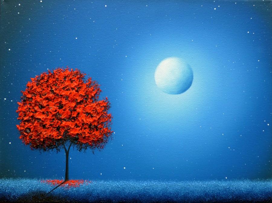 Свадьба - Red Tree Art Print, Blue Night Modern Art, Tree at Night, Full Moon Dreamscape, Contemporary Landscape Print, Red and Blue Art Giclee Print
