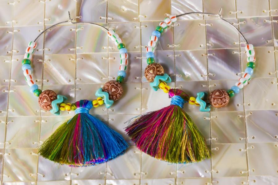Wedding - African Earrings, Tribal Hoop Earrings, Tassel Hoops, Bead Hoops, Large Hoop Earrings, Bohemian Earrings, Tassel Earrings, Sterling Silver