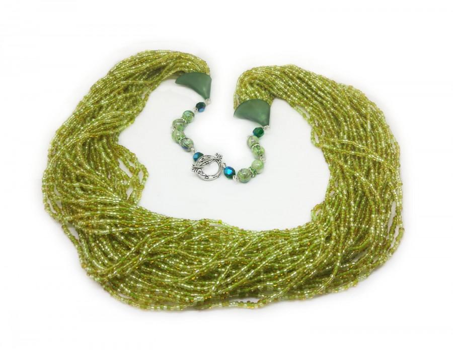 زفاف - Multi layer necklace, Green and yellow seed beads necklace, Beaded chain, Chunky necklace, Seed bead jewelry, Statement necklace, Gift idea