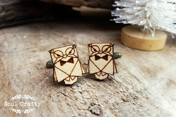 Wedding - Origami Owl Wooden Cufflinks Geometric Owl bow tie Dad Grooms Best man Groomsman Rustic Wedding Birthday Gift Cuff links