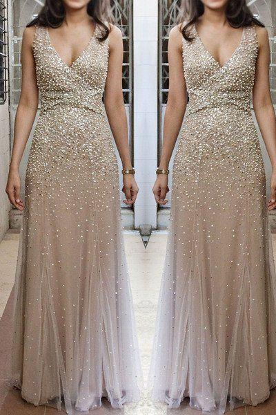 زفاف - Champagne Tulle Sequins Luxury V Neck Long Chiffon Evening Dresses