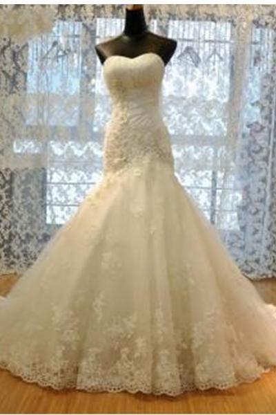 Wedding - Ruched Flowers Beading Sweetheart-Neck Lace-Up Back Mermaid Lace Wedding Dresses TN0011