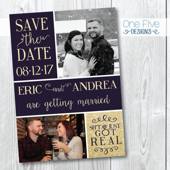 Wedding - Shit Just Got Real Save The Date, Funny Save The Date, Navy And Gold, Engagement, Wedding Announcement, Save The Date Card - Printable (5X7)
