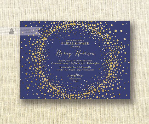 Свадьба - Navy & Gold Glitter Bridal Shower Invitation Blue Gold Confetti Sprinkle Shimmer Modern FREE PRIORITY SHIPPING Or DiY Printable - Remy