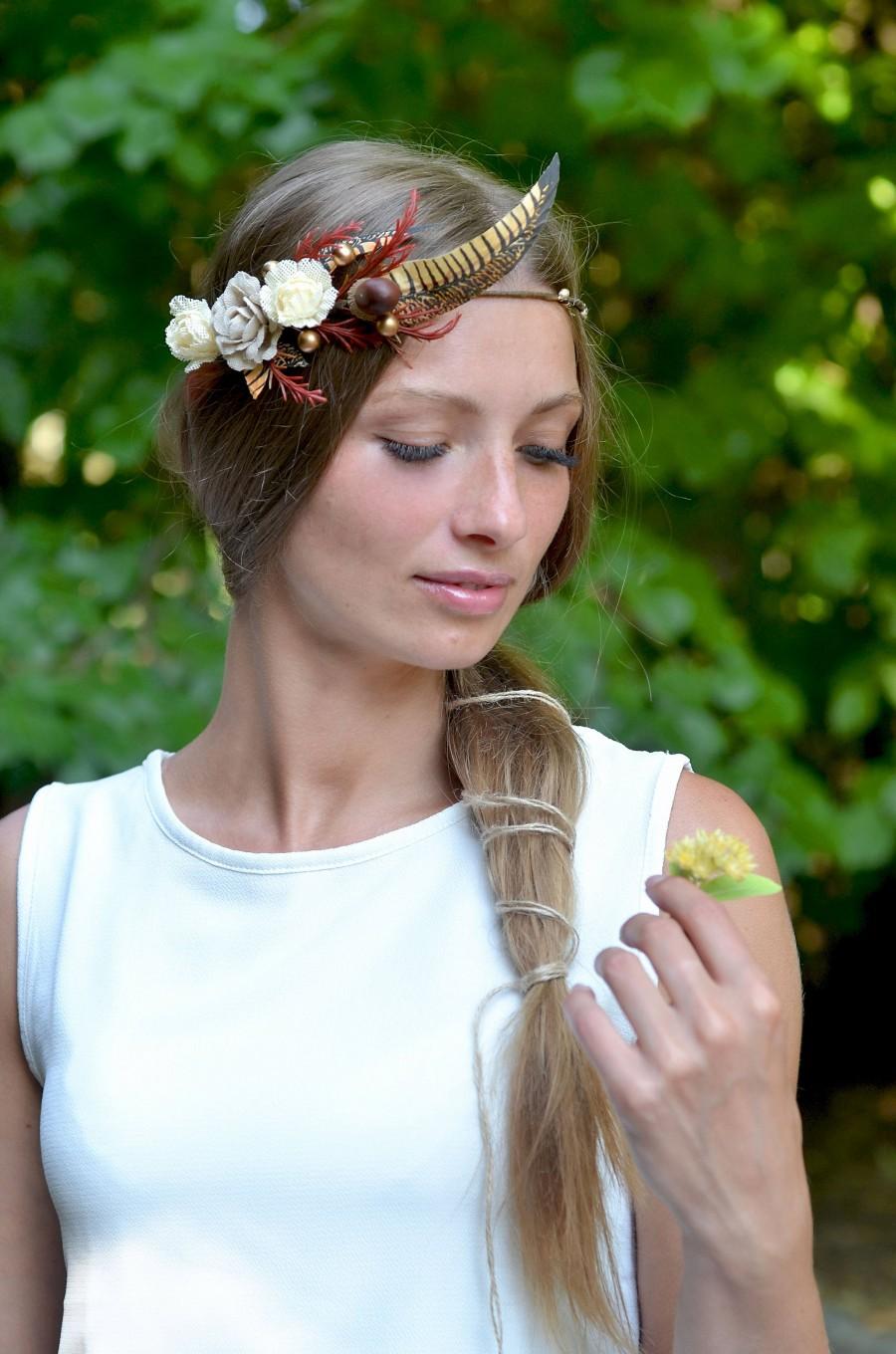 Mariage - Flower crown Burlap head wreath Boho hair accessory acorn crown Woodland wedding halo Boho bridal crown Forest Head piece Feather headband - $31.00 USD