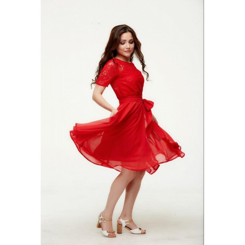 Mariage - Romantic Red Dress Bridesmaid Chiffon Lace Cocktail Dress Flared Short Sleeve Dress - Hand-made Beautiful Dresses