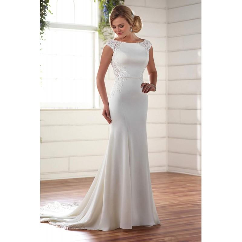 Mariage - Style D2238 by Essense of Australia - Ivory  White Crepe  Lace Illusion back Floor Bateau  High Column Capped Wedding Dresses - Bridesmaid Dress Online Shop