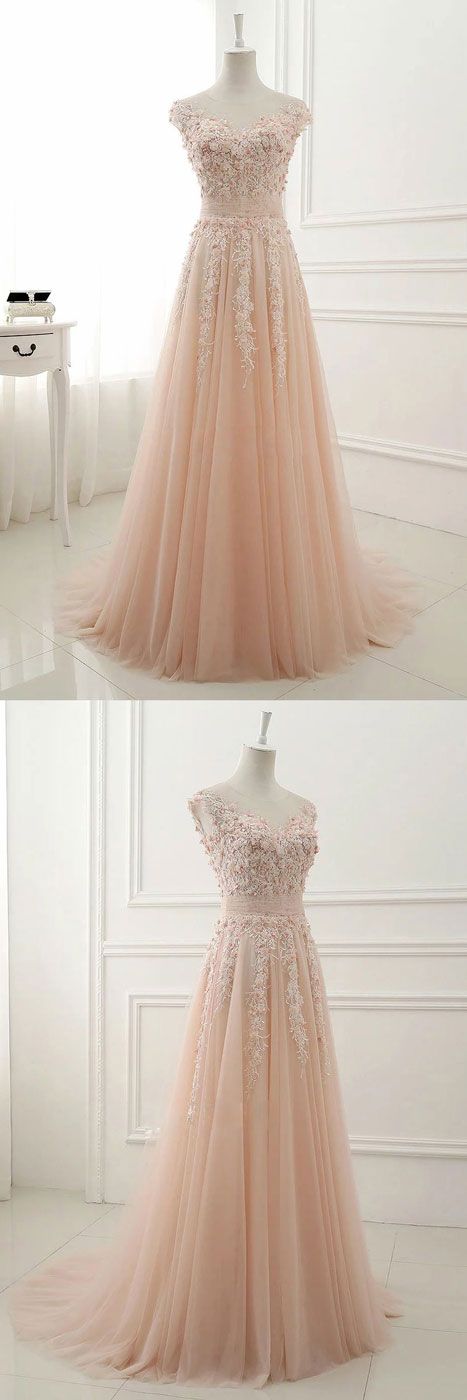 زفاف - Pink Round Neck Lace Applique Tulle Long Prom Dress, Tulle Evening Dress