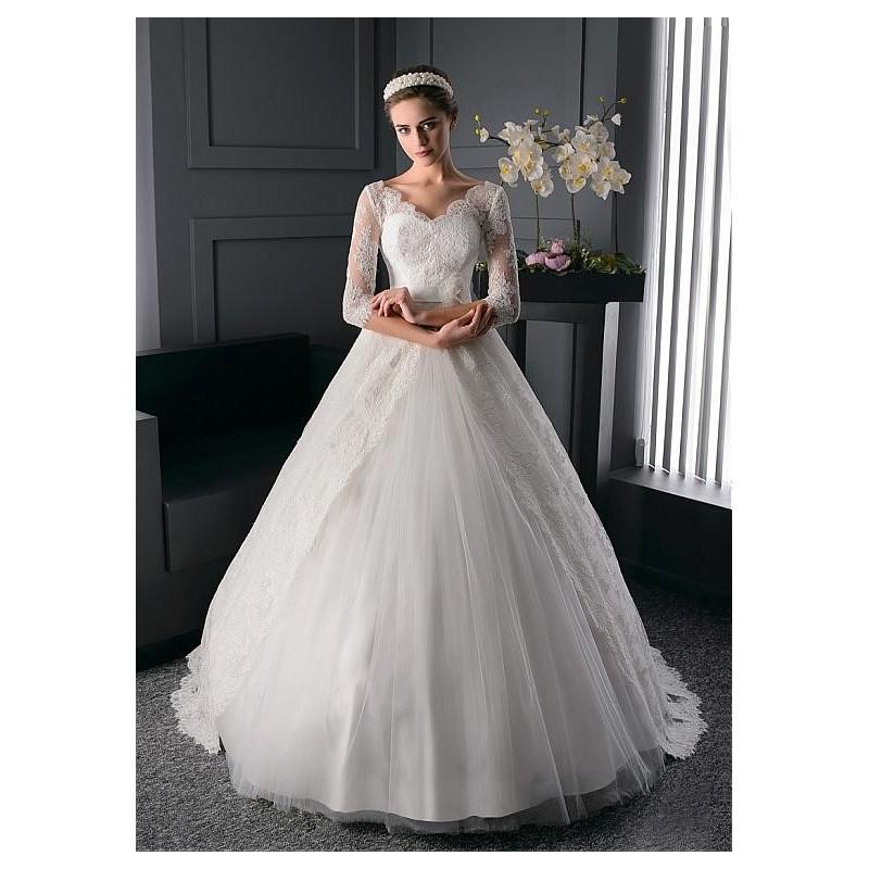 Hochzeit - Elegant Lace & Tulle V-Neck Ball Gown Wedding Dress With Detachable Sash - overpinks.com