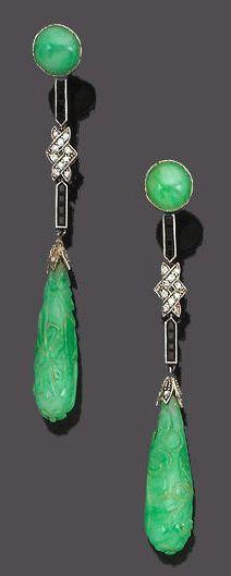 Wedding - A Pair Of Art Deco Jade, Diamond And Onyx Pendent Earrings,