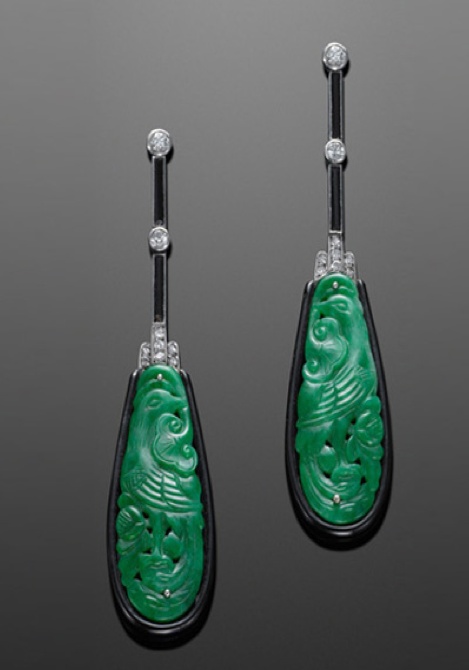 Wedding - Art Deco Carved Jade Onyx Diamond Pendant Earrings 1920s