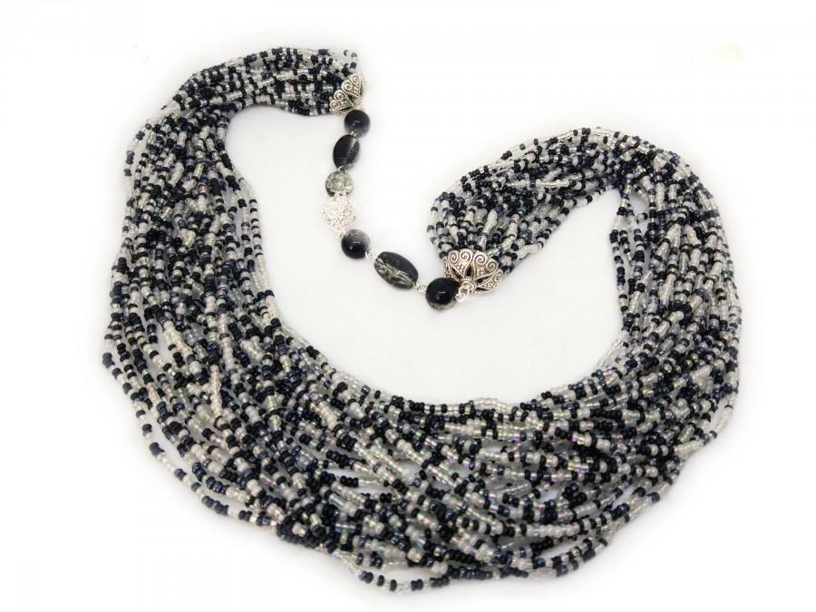 Multi Layered Beads Necklace Long Statement Necklace Gray Necklace