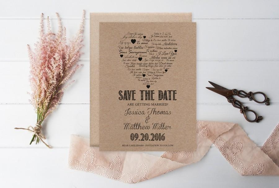 Hochzeit - Kraft Paper Save the Date Template, I Love You other Languages Heart, Rustic Printable Wedding Save the Date PDF Templates, Editable PDF, DIY You Print by DIYprintable