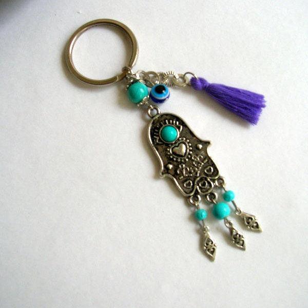 Свадьба - Hamsa Hand Keychain, Purple Tassel Keychain, Hamsa Blue Eye Keychain, Hand Of Fatima Keychain, Yoga Keychain, Protection Keychain