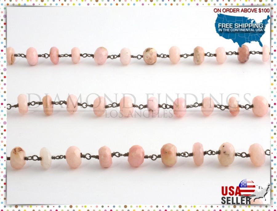 زفاف - Pink Peruvian Opal  Rosary Style Handmade Beaded Chain, Silver Wire Wrapped Linked Chain by Foot - Sold in Wholesale