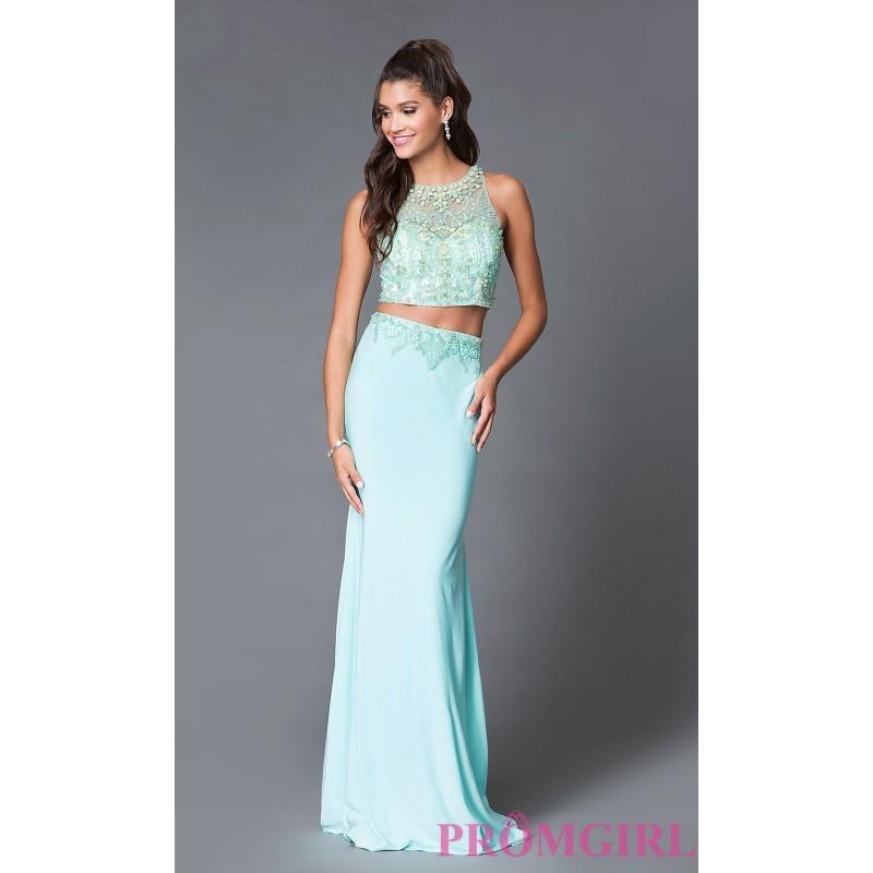 Wedding - Two Piece Long Aqua Beaded Sheer Prom Dress by Dave and Johnny - Discount Evening Dresses 