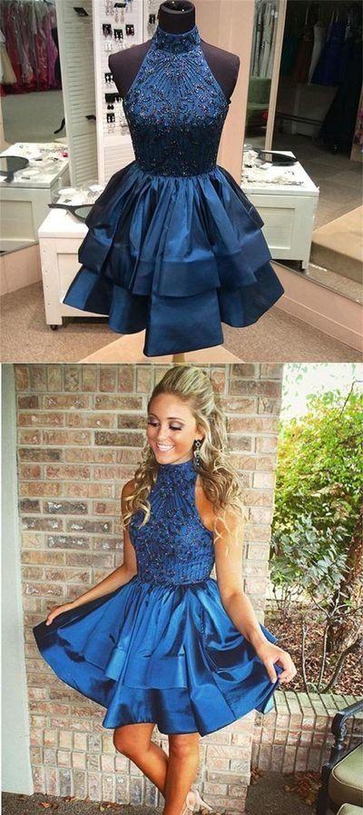 Wedding - Pretty A-line Homecoming Dresses,High Neck Homecoming Dresses,Above-knee Prom Dresses,Beaded Dark Blue Backless Party Dresses,Short Homecoming Dresses