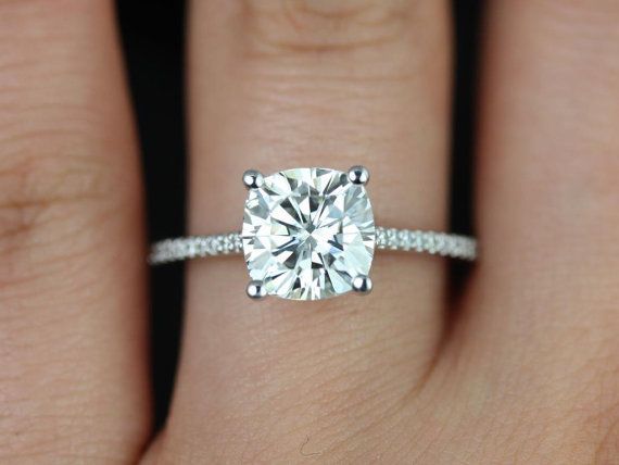 Hochzeit - Marcelle 14kt White Gold Cushion FB Moissanite And By …