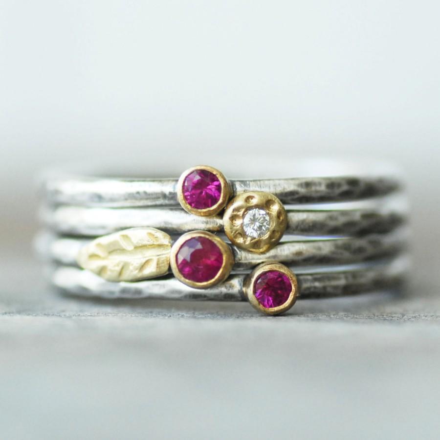 Wedding - Ruby and Diamond Leaf Stacking Rings Set - Set of 4 18k Gold and Silver Stack Rings