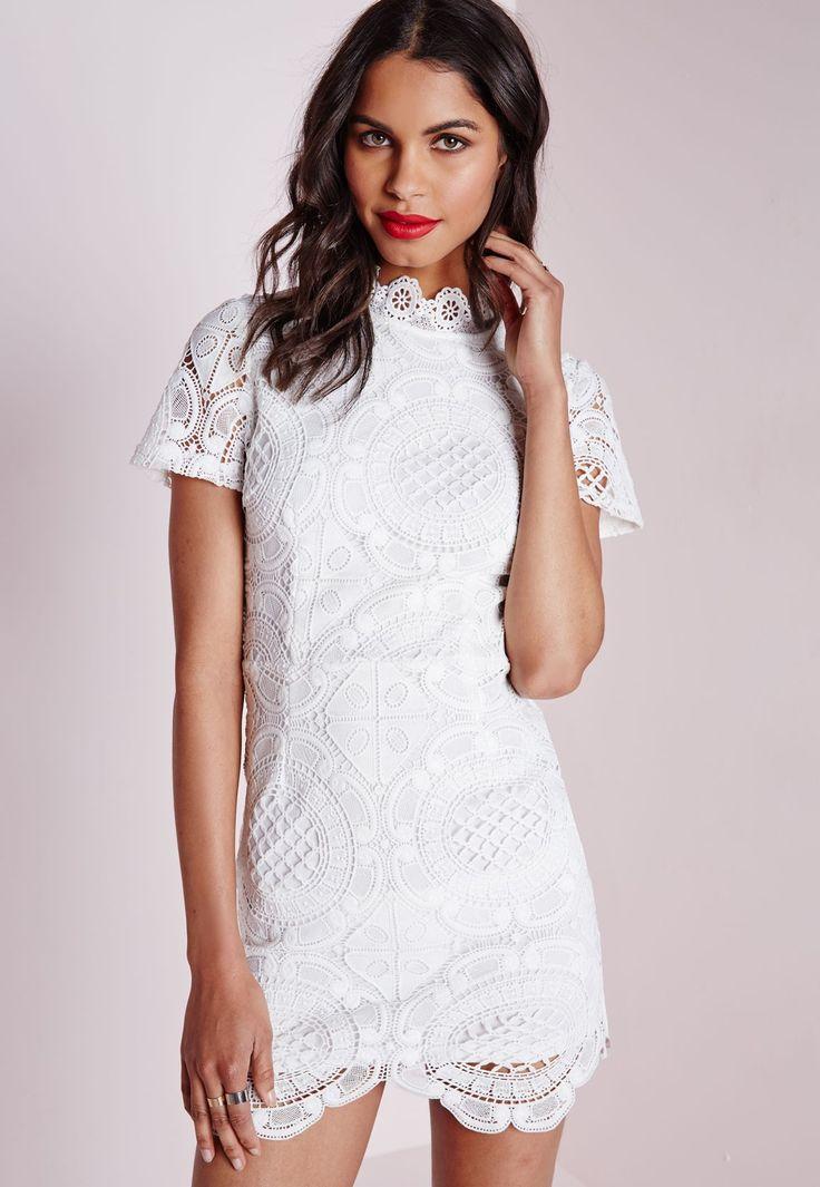 Missguided Lace Short Sleeve Scalloped Hem Dress White 2741875