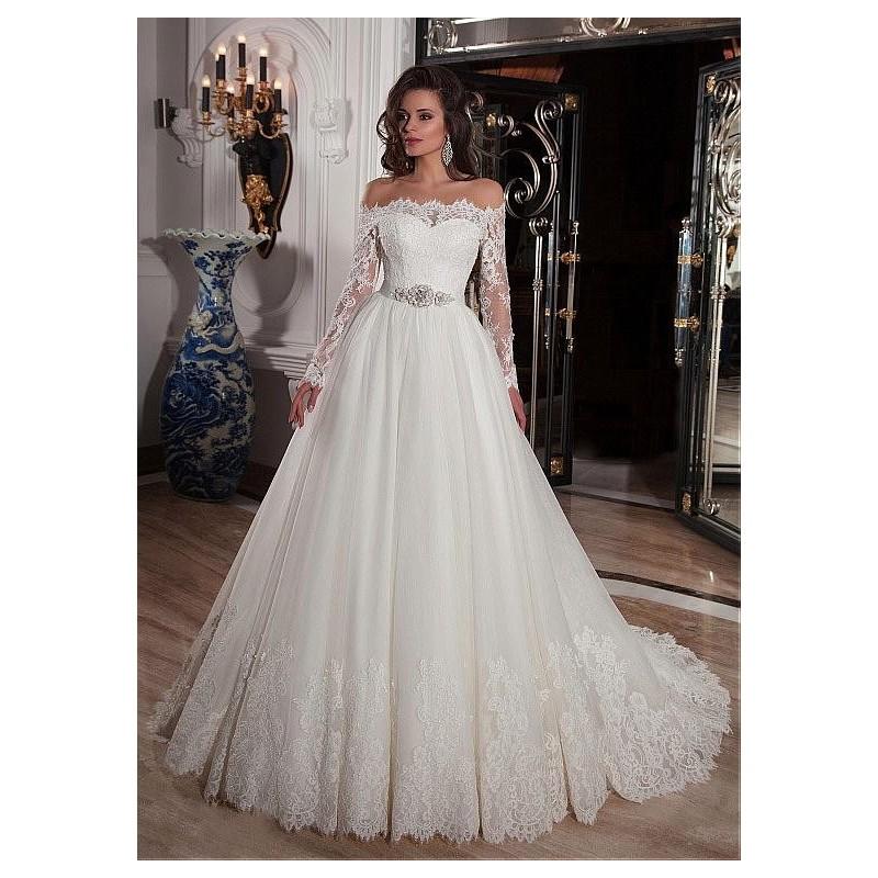 زفاف - Elegant Tulle Off-the-Shoulder Neckline Ball Gown Wedding Dresses with Lace Appliques - overpinks.com