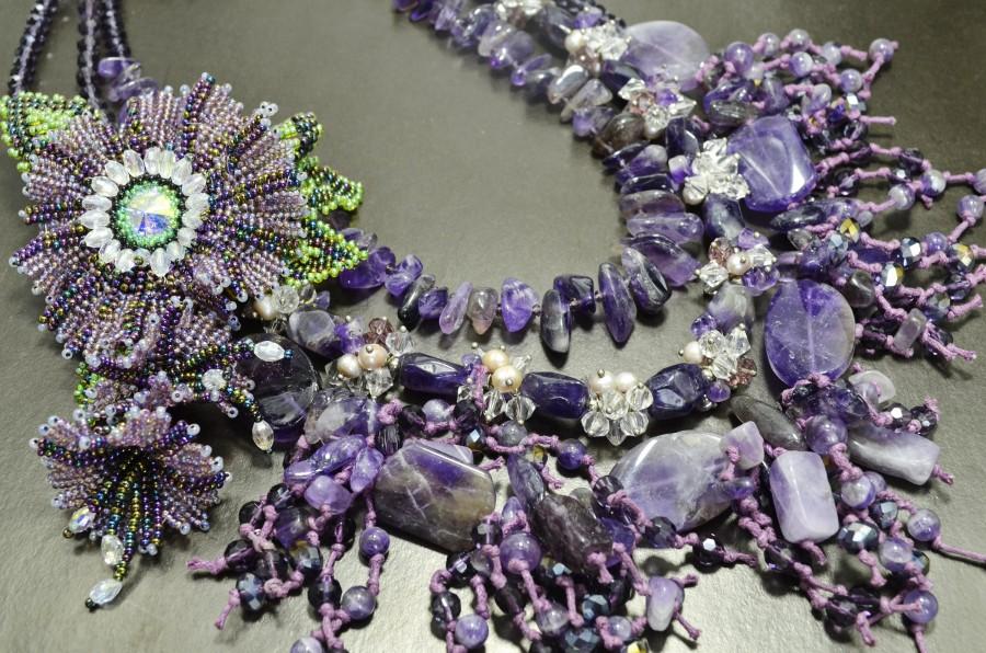 زفاف - Purple Genuine Amethyst Party Multi Strand Layered Beaded Boho Chic Statement Necklace with Seed Beads Flower Brooch Pin, Modern Fashion Set