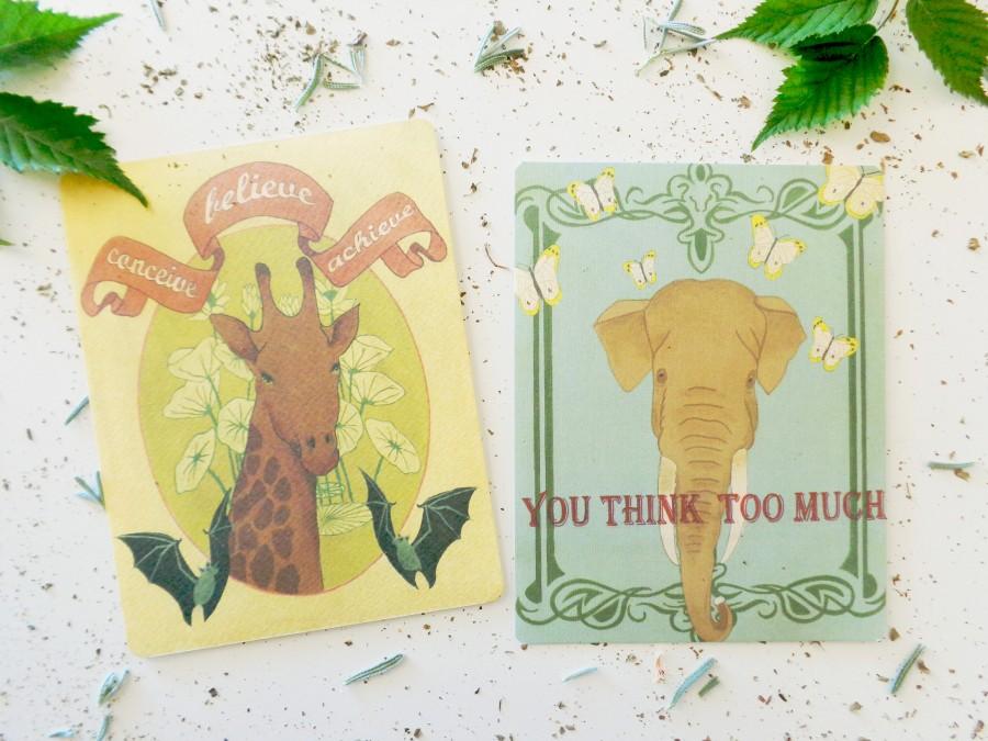زفاف - inspirational postcard collection of 2, colorful animal postcard set, motivational note cards, elephant card, giraffe card, safari animals