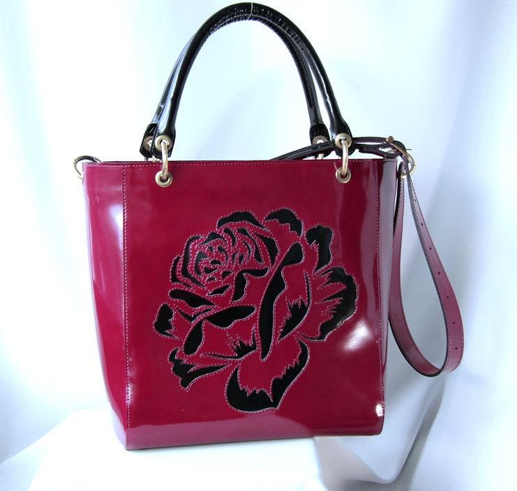Wedding - leather bag, handmade bag, women bag, cerise bag, flower bag, classical bag, rose bag, vinous bag, leather bag, top handle bag