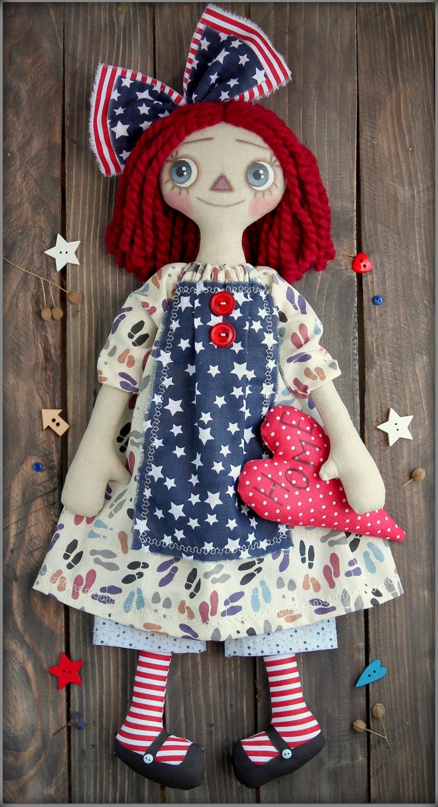 Свадьба - Primitive Raggedy Doll Jennifer  fabric soft doll rag doll cloth doll handmade doll