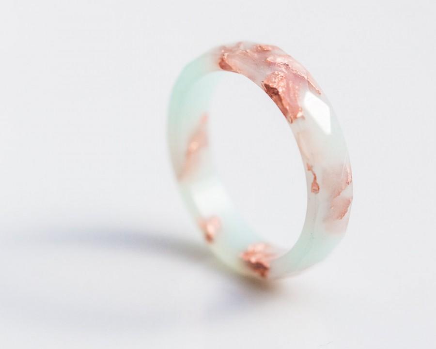 Hochzeit - Pastel Mint Resin Ring Rose Gold Flakes Small Faceted Ring OOAK pastel mint peach minimalist jewelry minimal chic