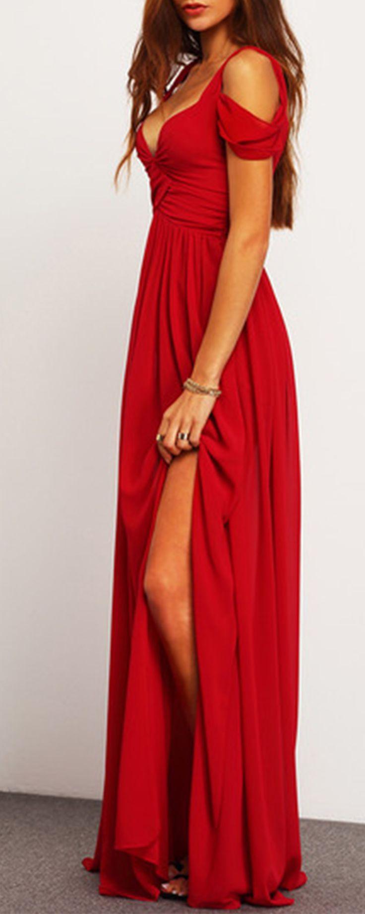 زفاف - Wine Red Off The Shoulder Maxi Dress -SheIn(Sheinside)