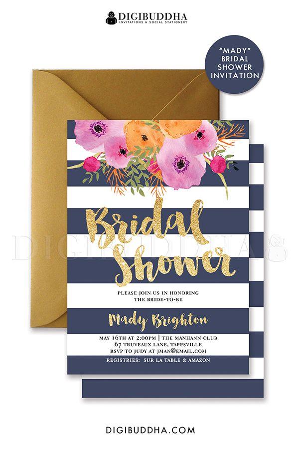 Свадьба - NAVY & GOLD BRIDAL Shower Invitation Navy Stripes Invite Gold Glitter Navy And Gold Flower Free Priority Shipping Or DiY Printable- Mady
