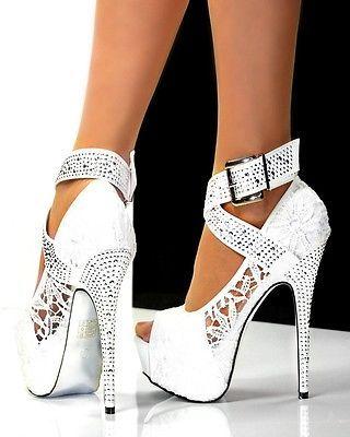 Mariage - Details About LADIES WOMENS SEXY WHITE LACE HIDDEN PLATFORM 6 INCH HIGH HEEL PEEP TOE SHOES