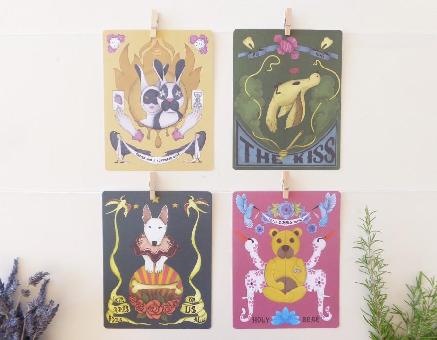 Свадьба - pop surrealism postcard set, lowbrow postcard collection, whimsical animal art, lowbrow art cards , colorful note cards, animal portraits