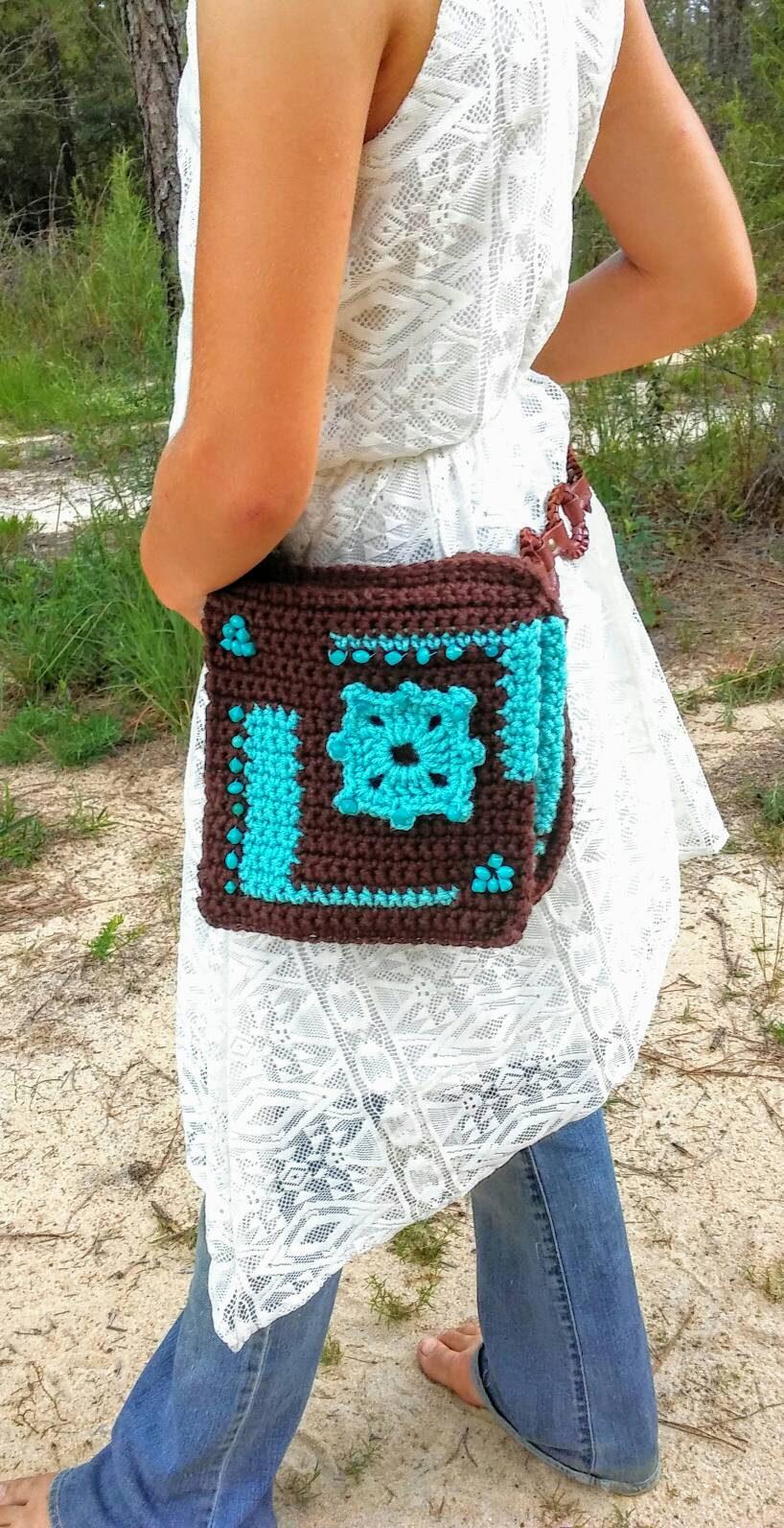 زفاف - Turquoise fanny pack,crochet waist bag, crochet belt bag, crochet satchel, hippie bag, boho bag, beaded crochet bum bag, retro fanny pack