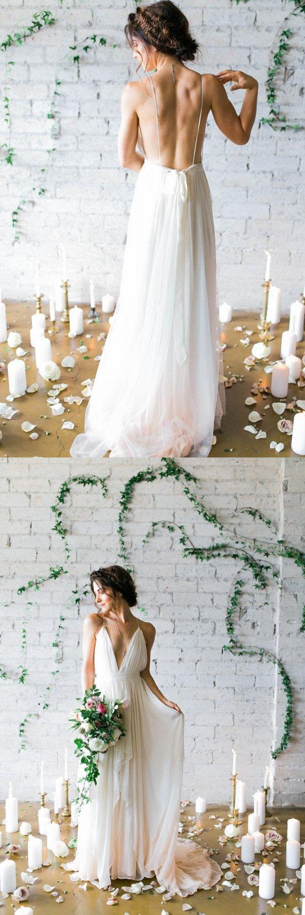 Свадьба - Simple Deep V-neck Sweep Train Ivory Wedding Dress With Pleats Backless