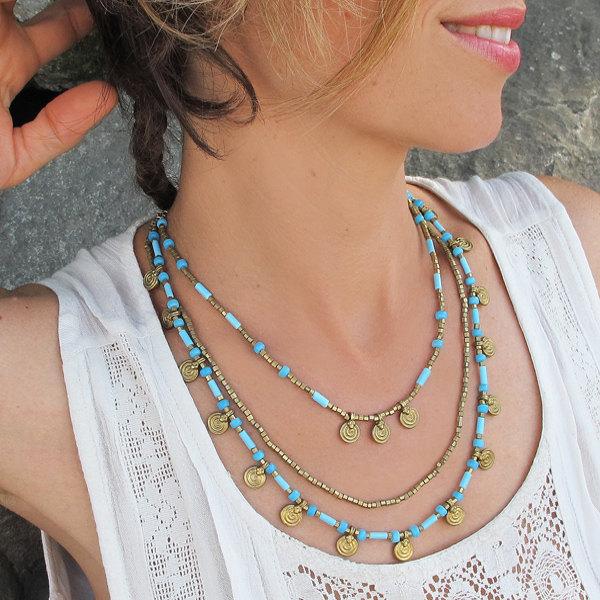 Wedding - FREE SHIP- Turquoise Brass Necklace,Turquoise Necklace,Turquoise Boho Necklace,Boho Necklace,Bohemian Necklace,Boho Jewelry,Bohemian Jewelry