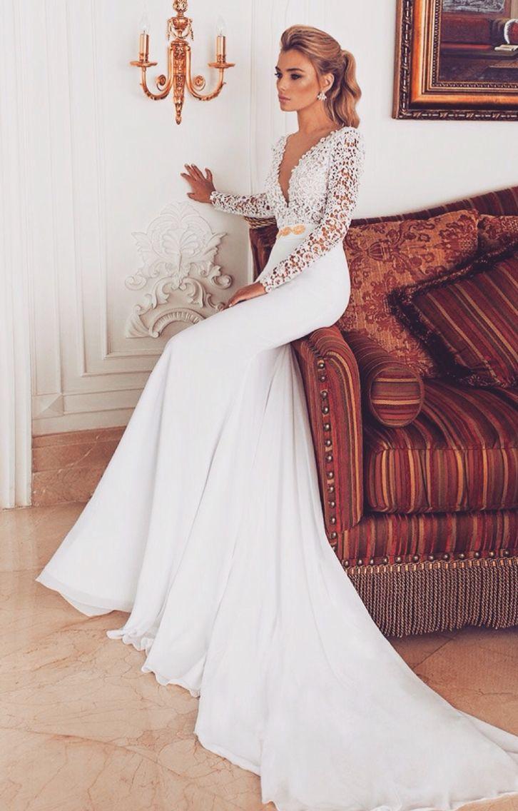 Hochzeit - Details About 2014 New Popular Sexy V-Neck Long Sleeves Slim Line Bridal Wedding Dress Gown